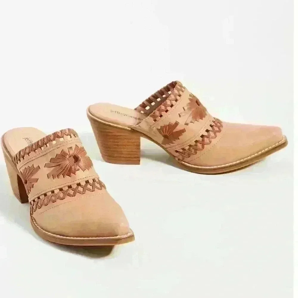 Jeffrey Campbell  Women’s Brown Honey Woven Mules Block Heel Shoes Size 8